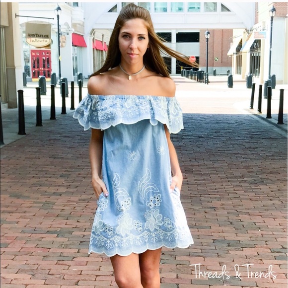 🌸 Off Shoulder Denim Vintage Slip Dress - Picture 3 of 5