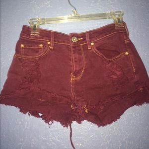 high rise cutoff maroon shorts