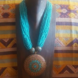 Tibetan turquoise beaded medallion necklace