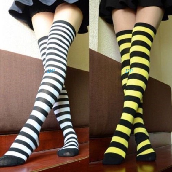 Dustyposh Accessories - Striped Over The Knee Socks Thigh High Black White Referee Clown Cute Fun Black