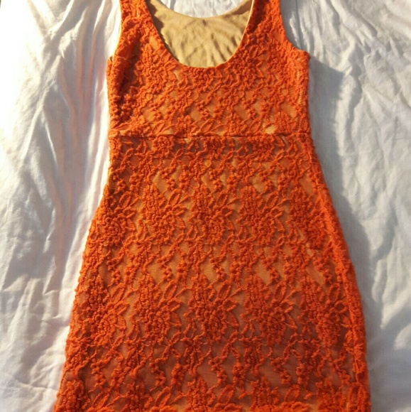 Orange Mini Dress w/ Nude Lining - Picture 2 of 2