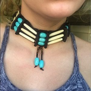 Native American leather bone turquoise choker