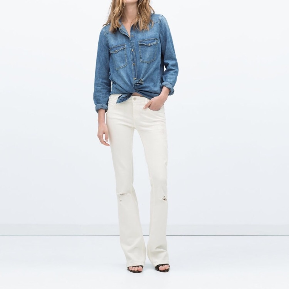 Zara Trafaluc White Distressed Skinny Flare Jean