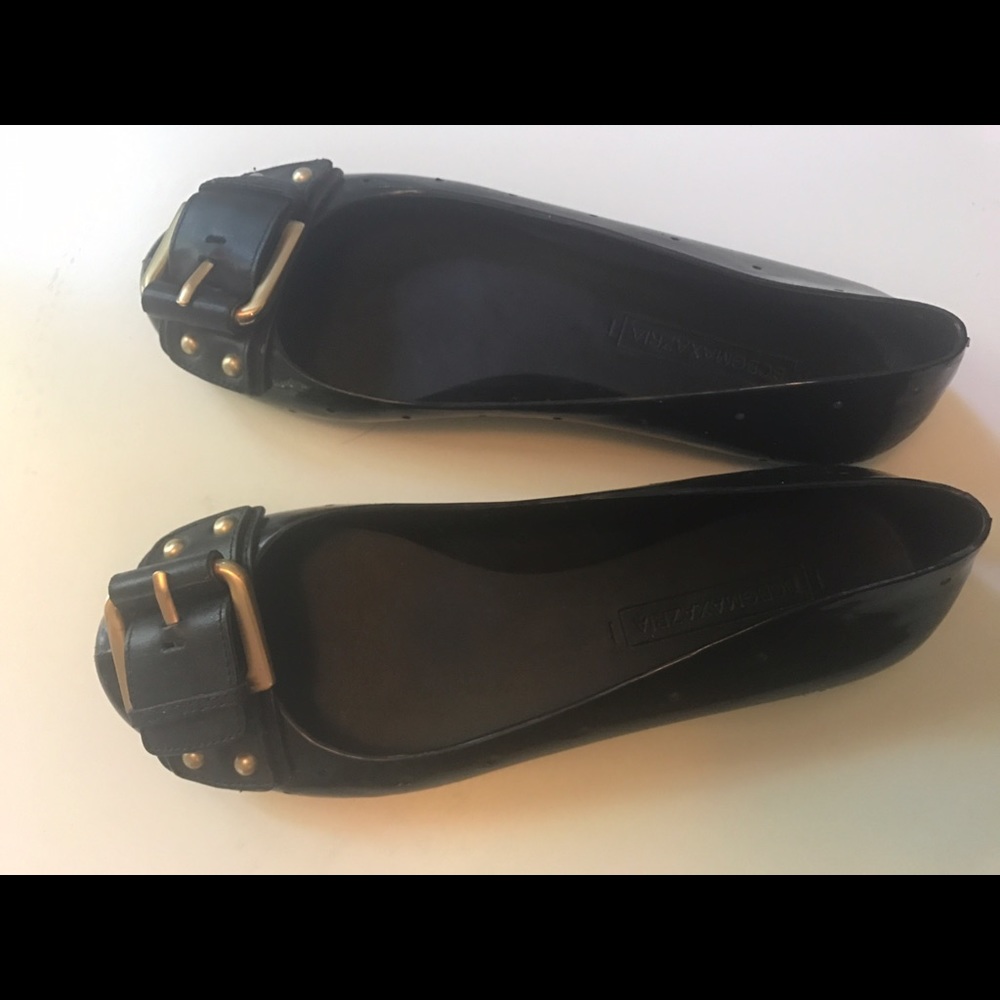 SOLD - BCBGmaxazria black rubber flats with buckle sz 7.5