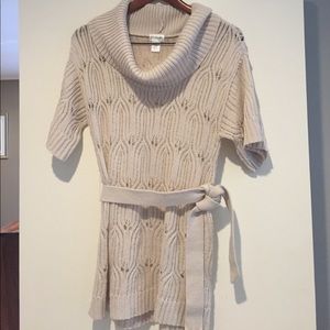 Motherhood cowlneck belted short sleeve sweater