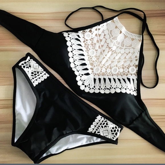 Large Black Bikini with White Crochet Accents - Picture 2 of 4