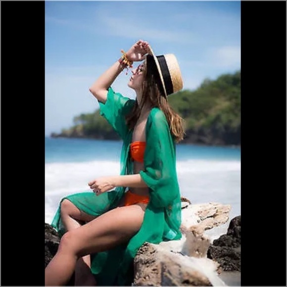 Kelly Green Sheer Kimono Beach Coverup Swim - Picture 2 of 6