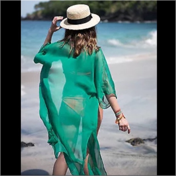 Kelly Green Sheer Kimono Beach Coverup Swim - Picture 3 of 6