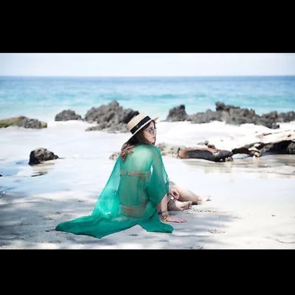 Kelly Green Sheer Kimono Beach Coverup Swim - Picture 4 of 6