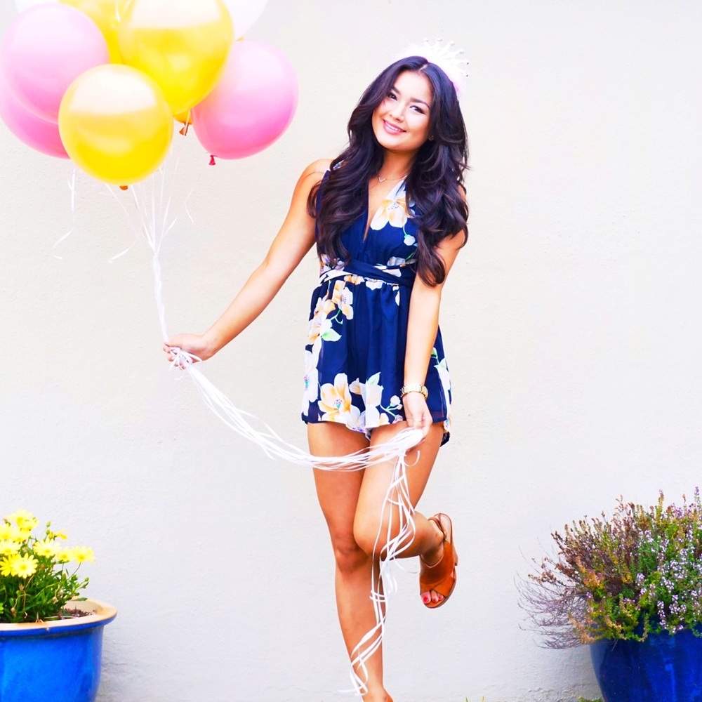 Blue floral print romper