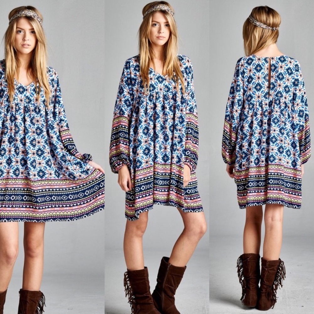 👗 Boho Long-Sleeved Mini Dress
