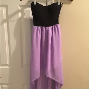High to low, strapless lavender dress