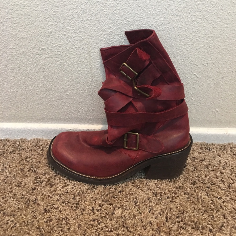 Jeffrey Campbell red buckle boots