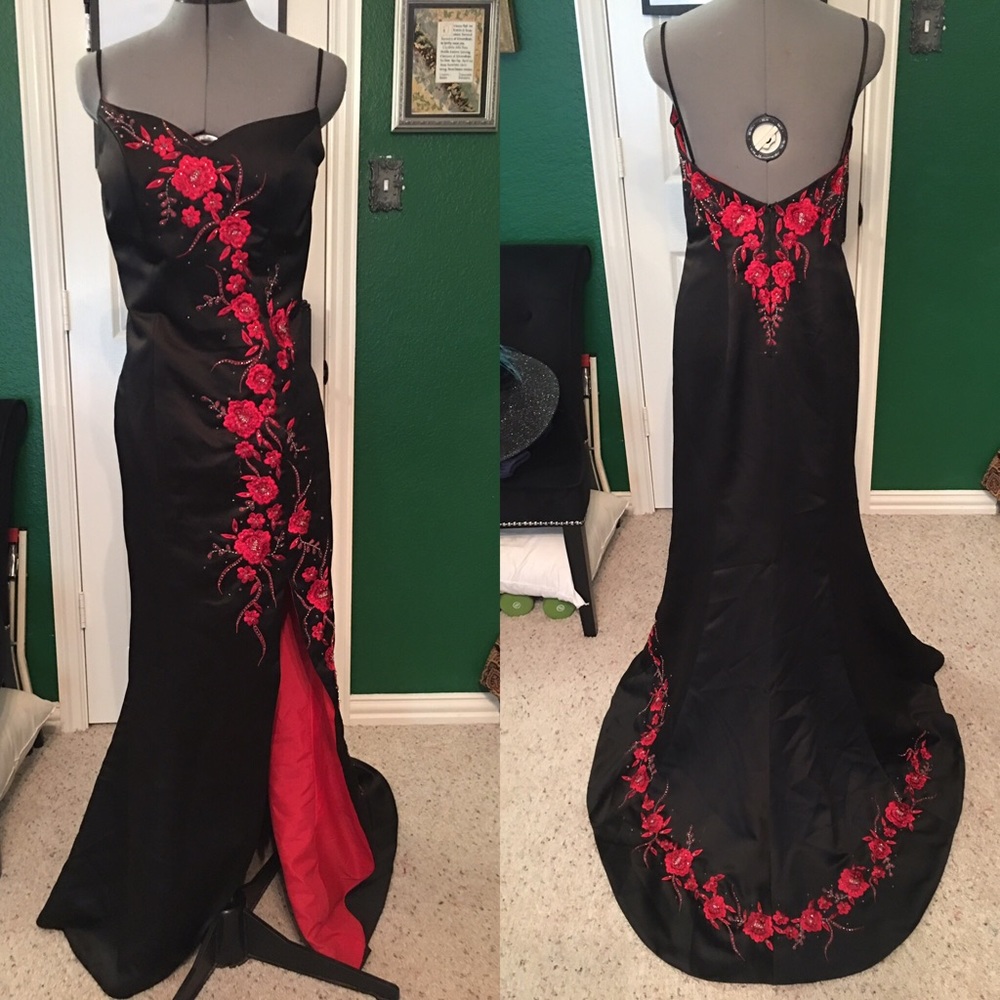 SOLD Black w/ Red Roses Embroidered Beaded Gown