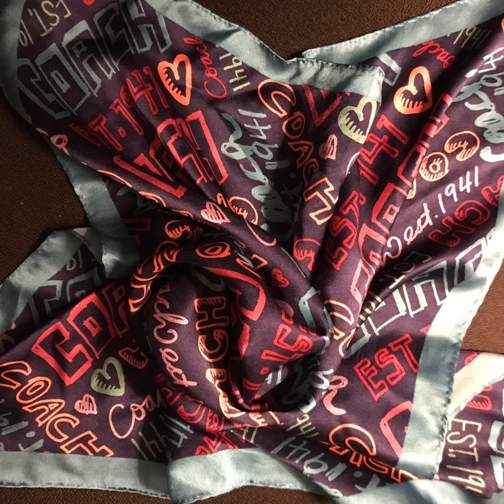 Coach Blue Pink Daisy Story Print Silk Scarf 83307