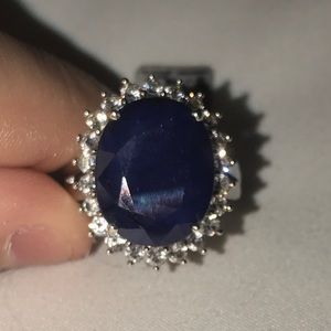 16.87 Carat Blue And White Sapphire Silver Ring