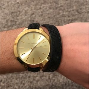 Michael Kors black leather wrap watch