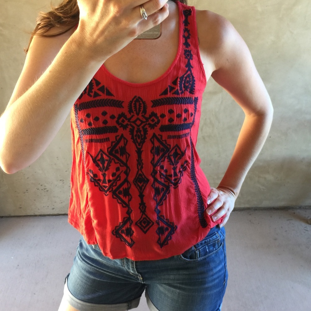 Urban Outfitters Ecote Red Embroidered Blouse