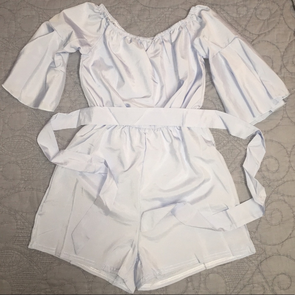 NWT💕Boho Off Shoulder Blue Gray Romper - Picture 3 of 6