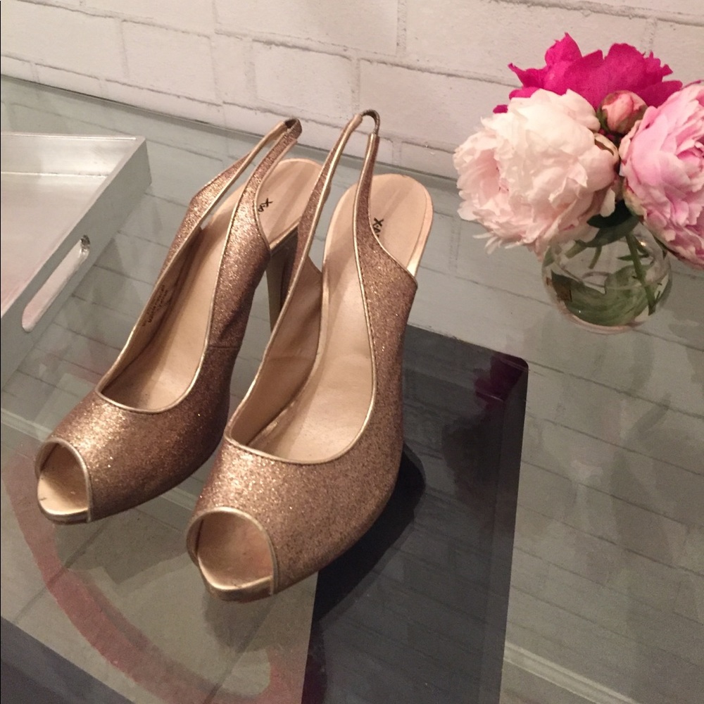 Gold glitter peep toe slingback heel