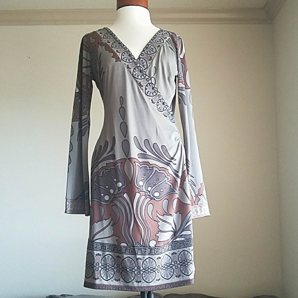 Patterned wrap style dress w/ beading