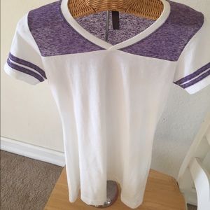 District white and purple varsity style shirt