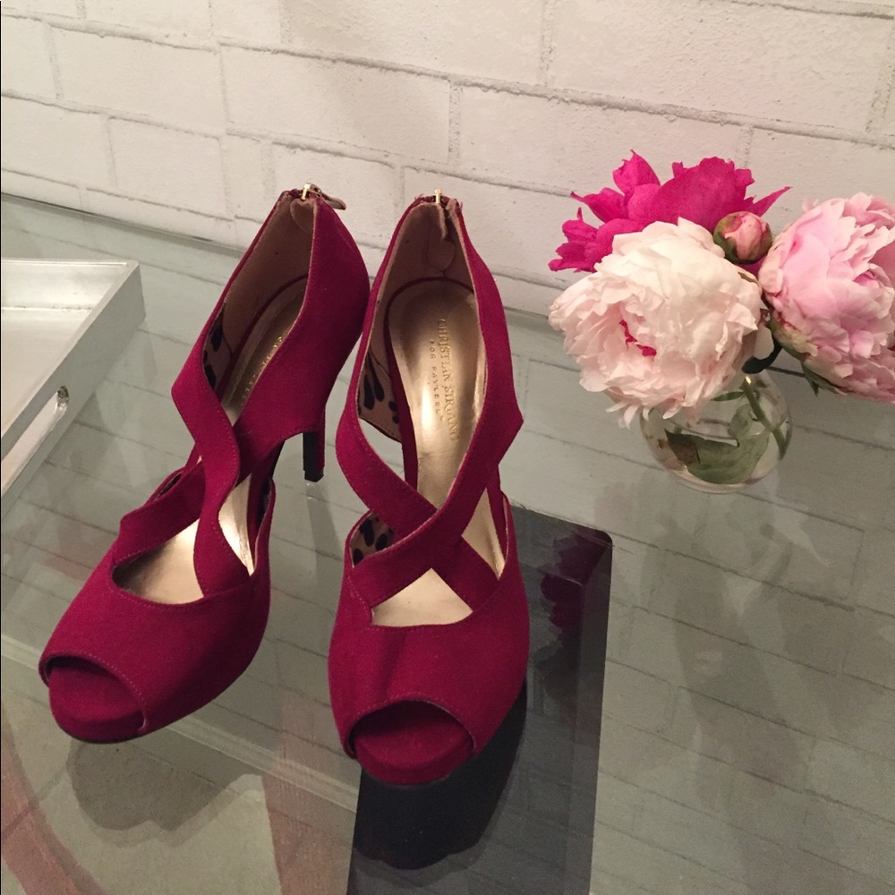 Christian Siriano burgundy peep toe suede heels