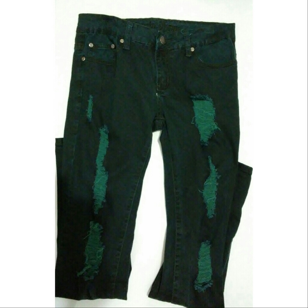 SALE#Super distressed blue-green torn up jeans