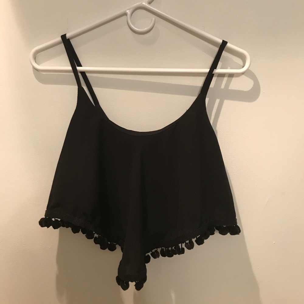 Black crop tank with pompom fringe