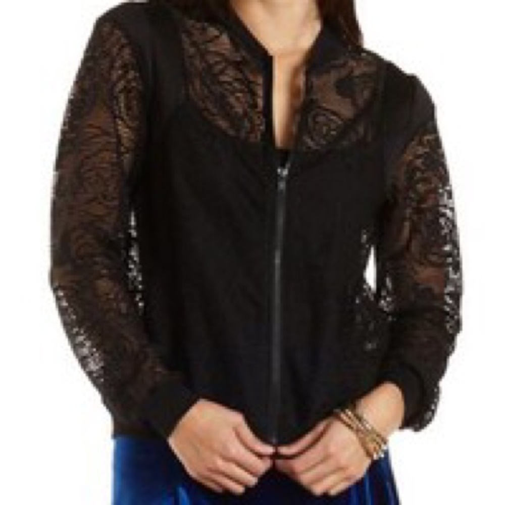 Black floral lace zip jacket