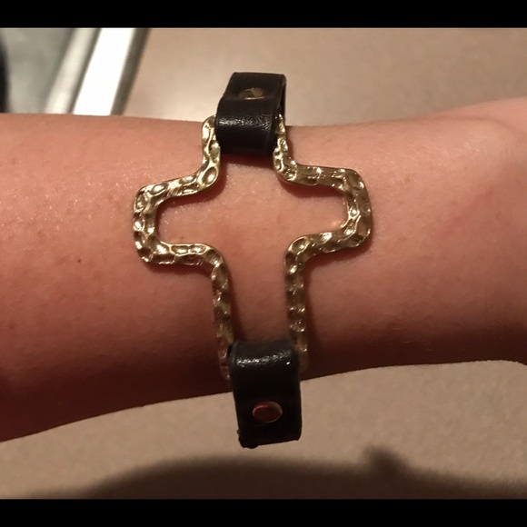 Leather Cuff Bracelet with Gold Cross - Picture 2 of 2