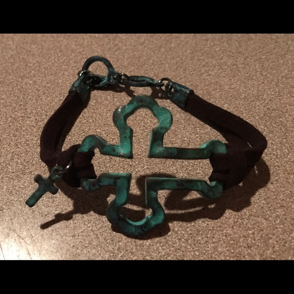 Leather Bracelet with Turquoise Metal Cross - Picture 1 of 3