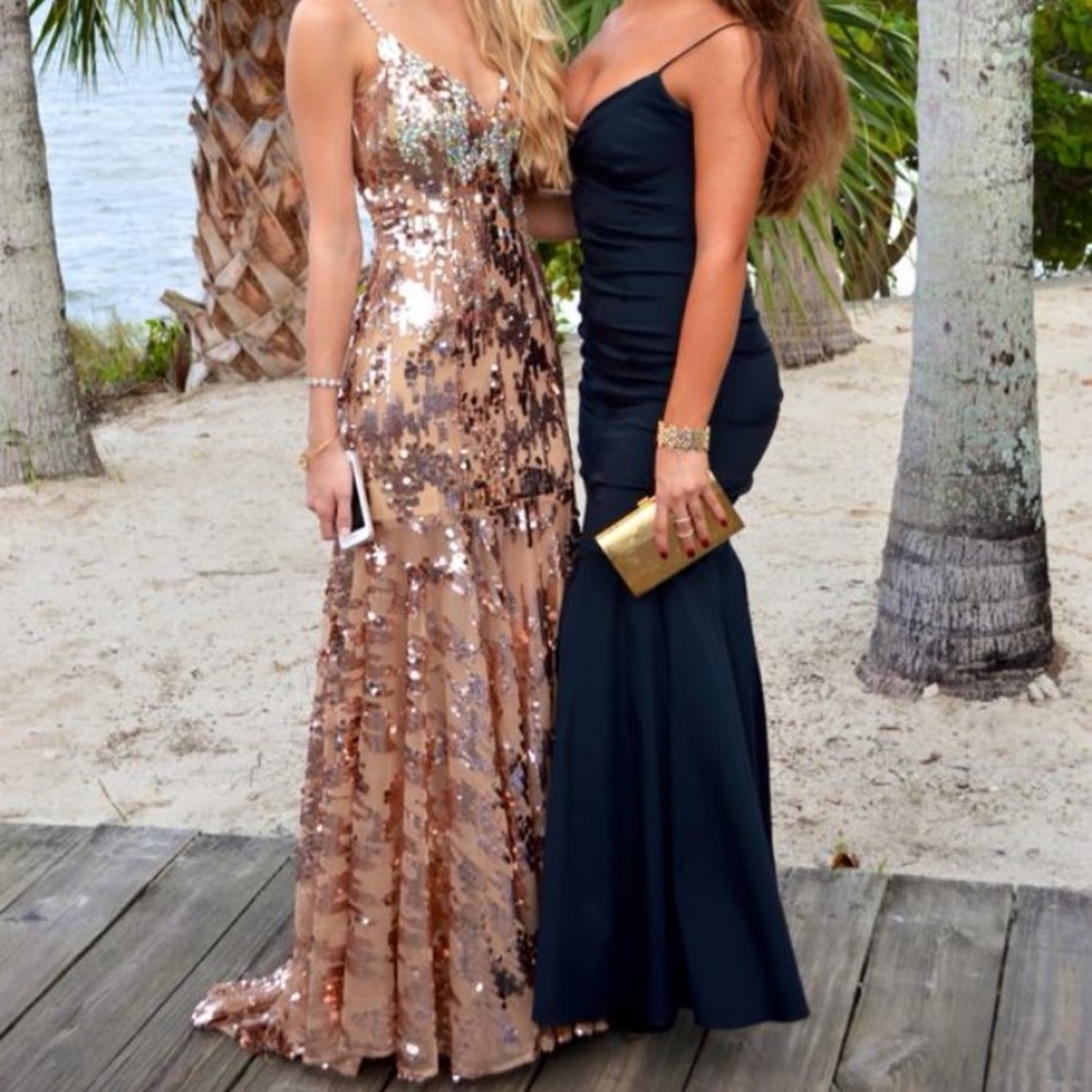Bronze Blue Sequin Prom Dress