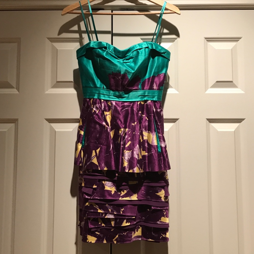 Purple and green floral strapless dress