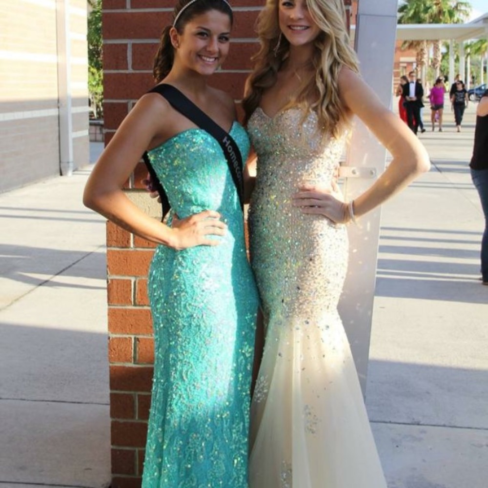 Cream Sequined Long Strapless Prom Dress