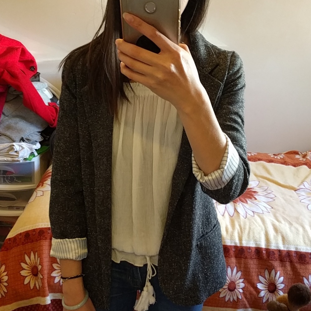 Peppery grey blazer with pinstripe details!