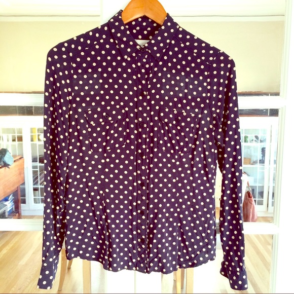 ✨SOLD✨Loft Navy Cream Polka Dot Button Blouse - Picture 1 of 3