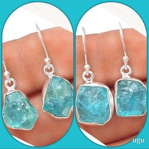 Neon blue apatite rough dangling earrings 925SS