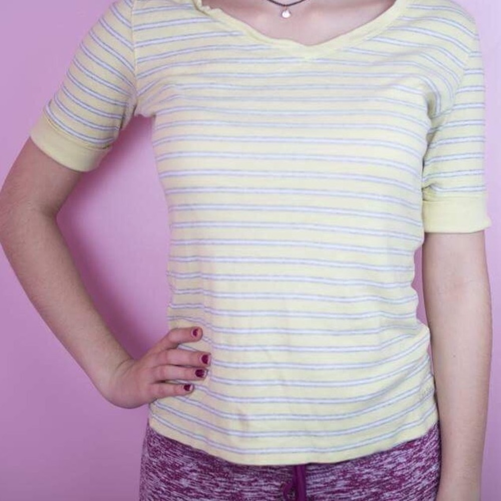Calvin Klein yellow striped quarter sleeve top