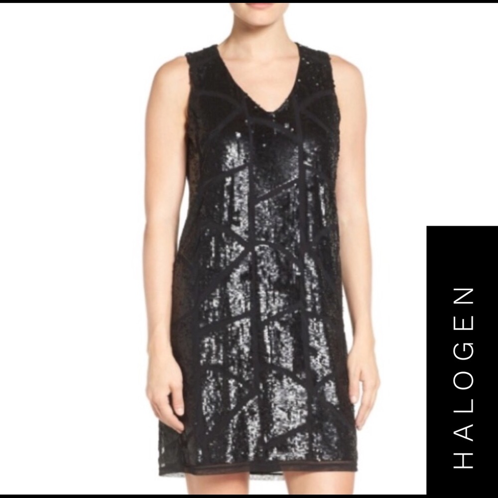 Halogen Black Sequin Sleeveless Sheath Lined Dress
