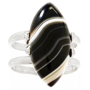 Stunning Natural black Botswana agate ring w/925SS
