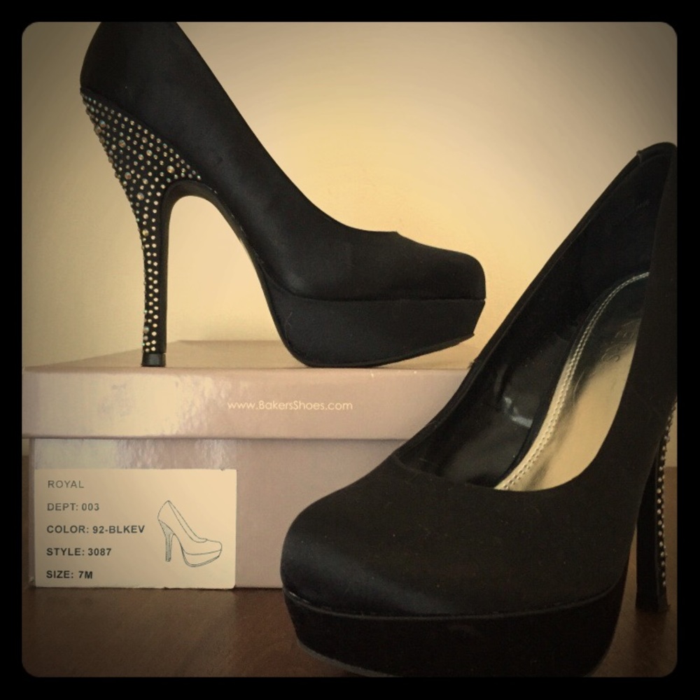 Black platforms with rhinestone encrusted heel