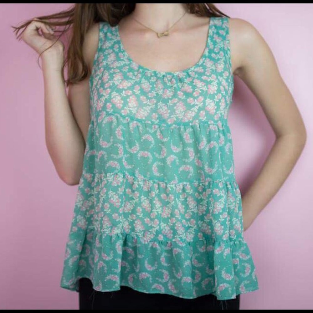 Lauren Conrad mint green floral tank top shirt