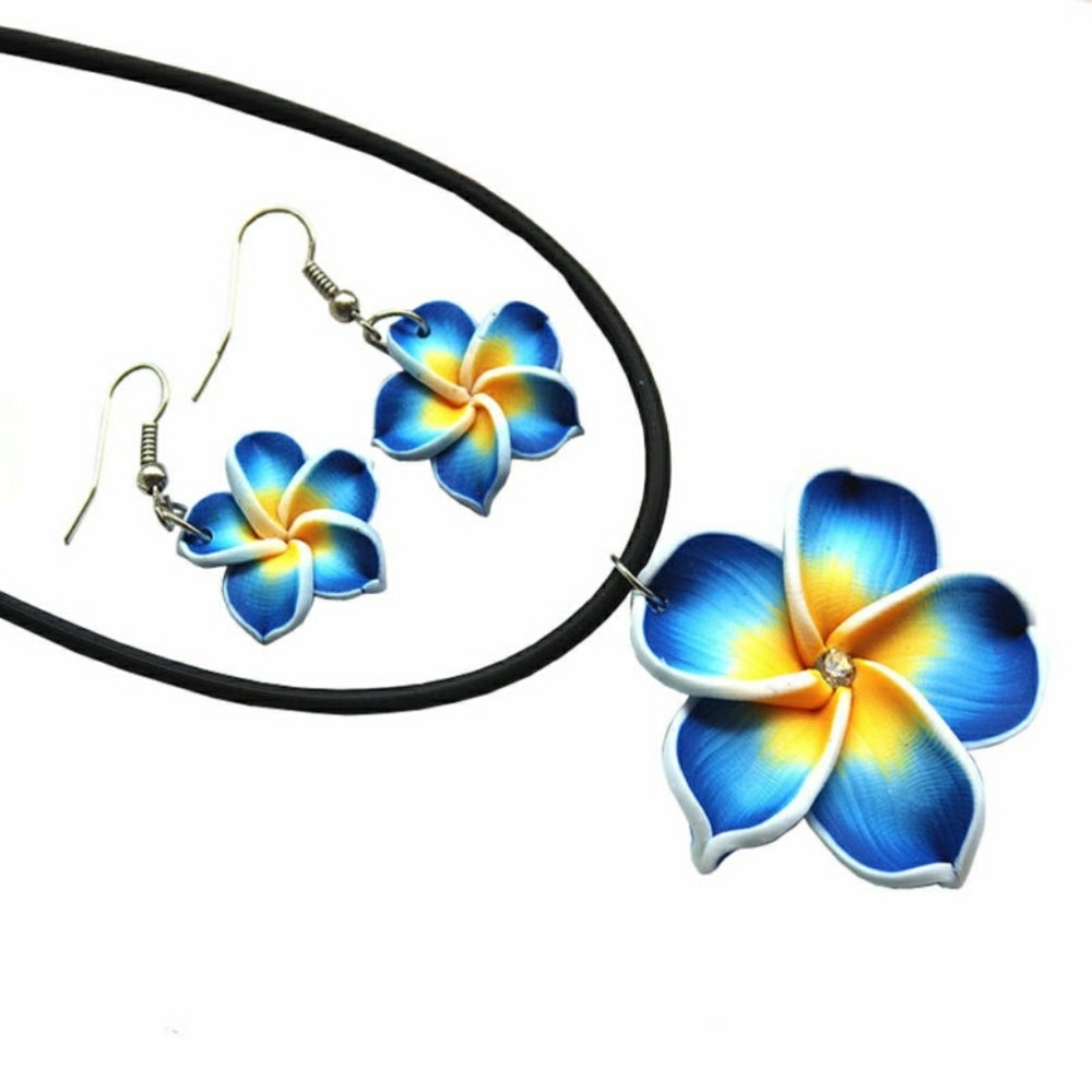 Vibrant Blue Clay Plumeria Earring & Necklace Set
