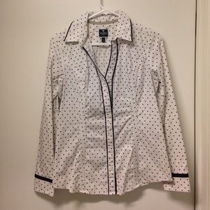 White & black square polka dot button down shirt