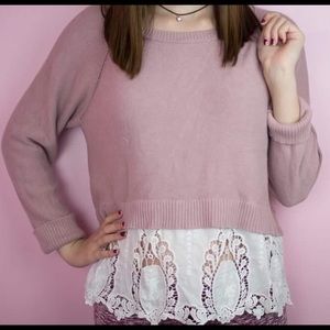 Cream purple cropped sweater w/ lace detailing AEO