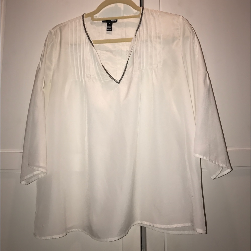 Aqua White Beaded Silk Blouse Sz L