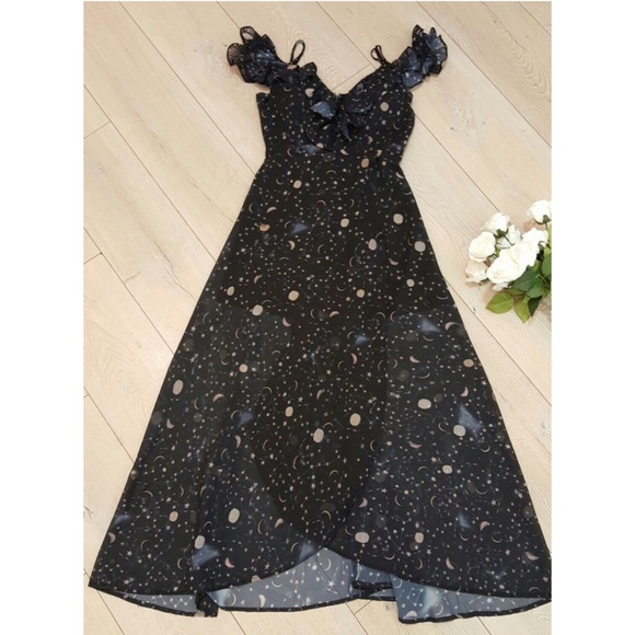 Black Moon & Stars Ruffle High Low Maxi Dress - Picture 3 of 8