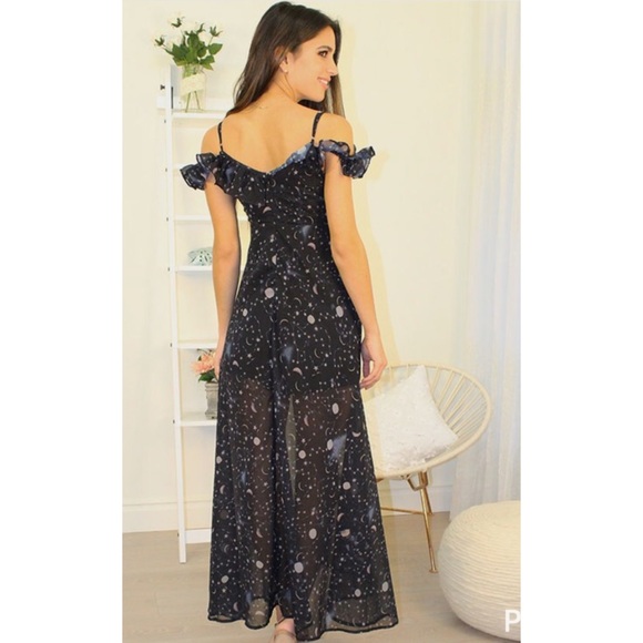 Black Moon & Stars Ruffle High Low Maxi Dress - Picture 5 of 8