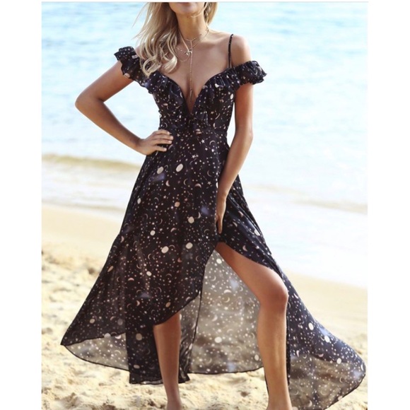Black Moon & Stars Ruffle High Low Maxi Dress - Picture 8 of 8